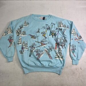 Vintage Lifestyles '87 AOP Snow Resort Ski Bunnies Puff Print Sweatshirt Blue OS